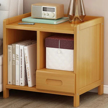 Rattan Nightstand, Boho Side Table with Drawer Open Shelf, Cane Accent Bedside End Table with Solid Wood Legs for Bedroom, Dorm and Small Spaces